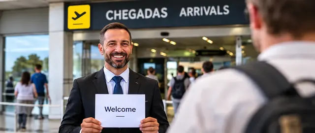 Imagem ilustrativa de um motorista a receber um viajante na zona de chegadas do Aeroporto da Madeira