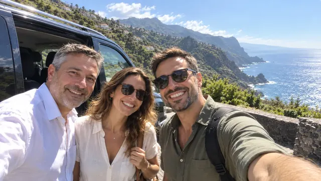 Viajantes a tirar uma selfie com o seu motorista ao lado de um veículo na costa da Madeira