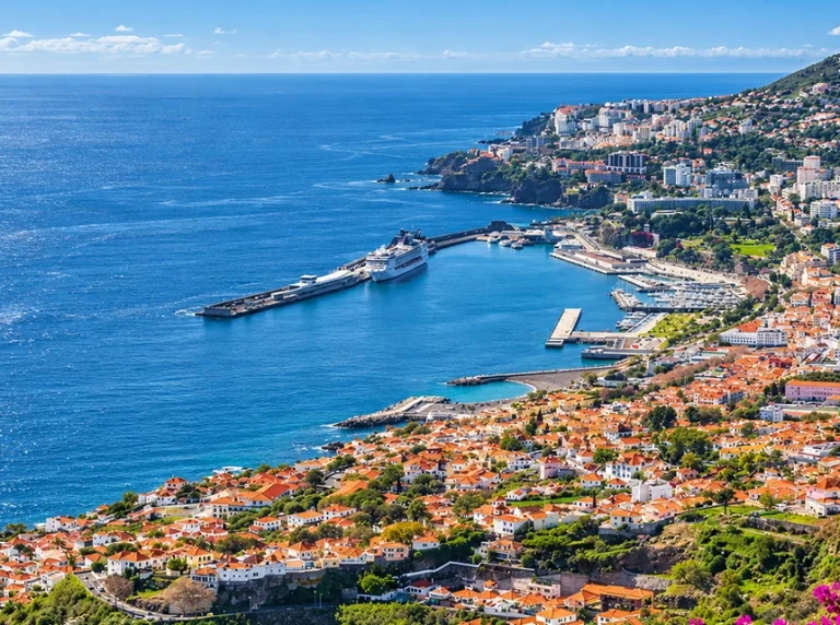 Vista panorâmica do Funchal, com o porto, a cidade e o oceano ao fundo.